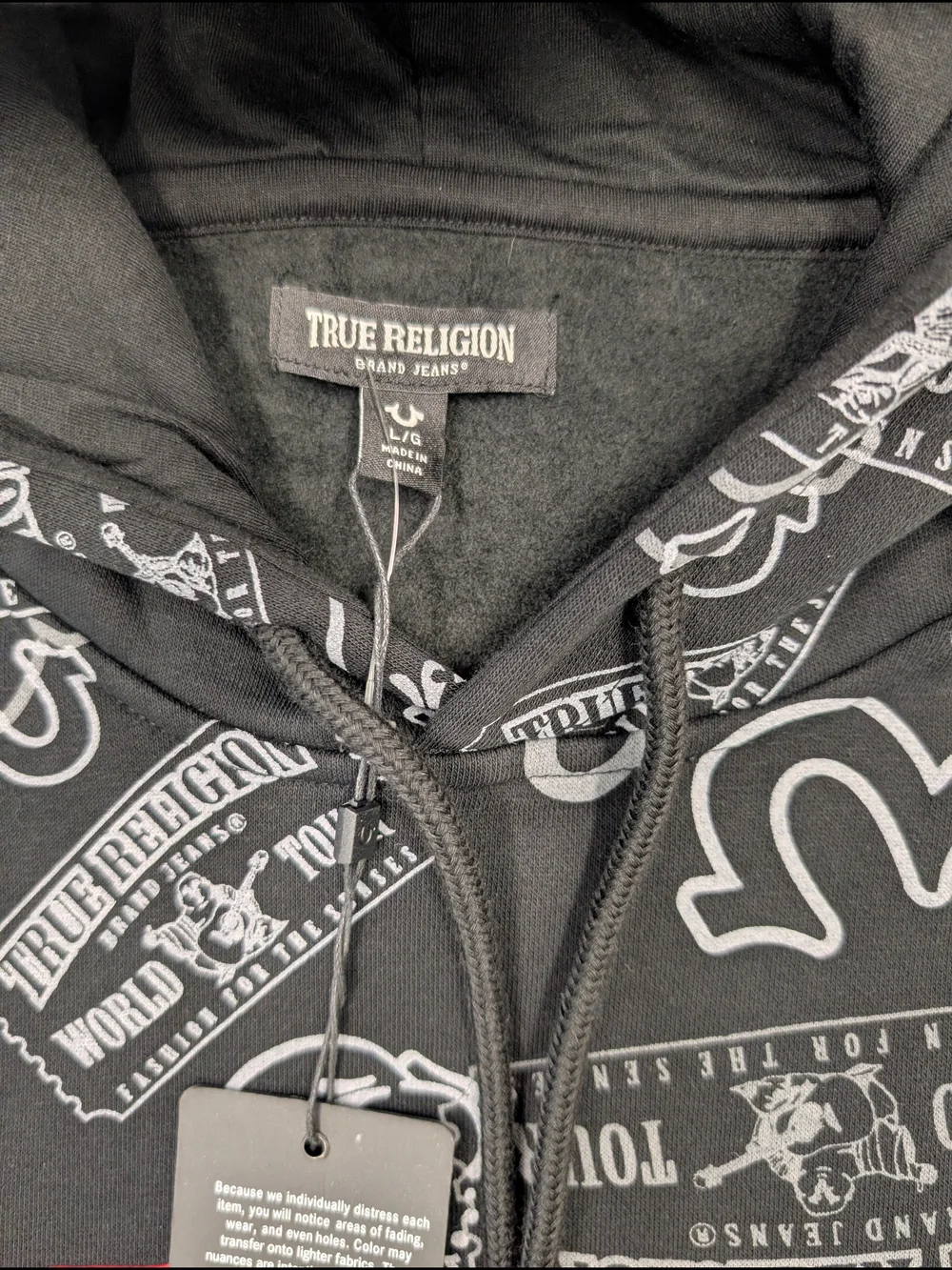 True Religion Men’s Black Hoodie with All-Over Logo Print